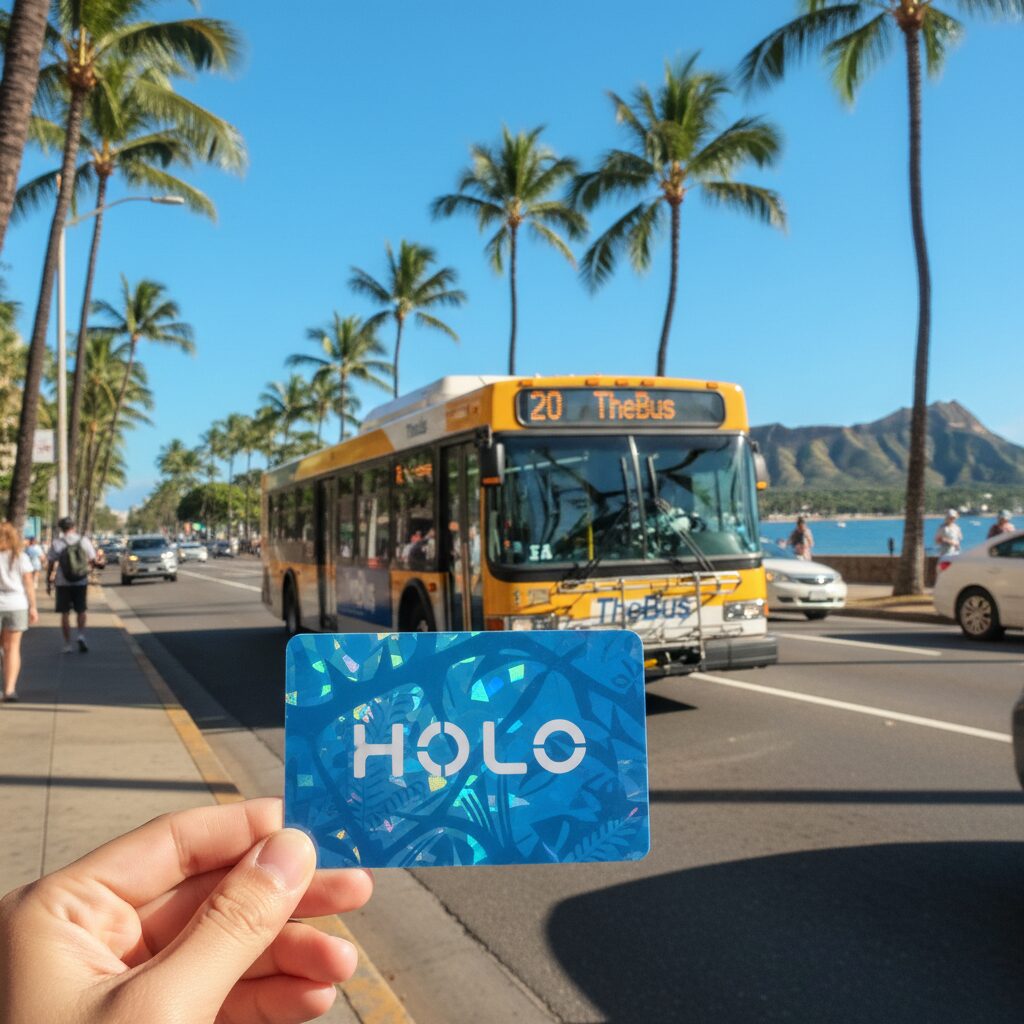 ハワイの青空を背景に、ザ・バス（TheBus）の車両とHOLOカードを持つ手のイメージ画像