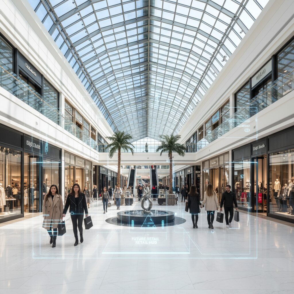 A luxurious and bright modern shopping mall interior with high ceilings and glass skylights, reflecting the vibrant atmosphere of Westfield Valley Fair.