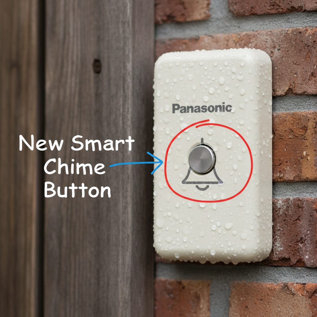 屋外の玄関横に設置されたパナソニック製チャイム押しボタンEG331のクローズアップ画像。雨滴が少しついており、耐久性と防雨性能を感じさせる清潔感のあるイメージ。