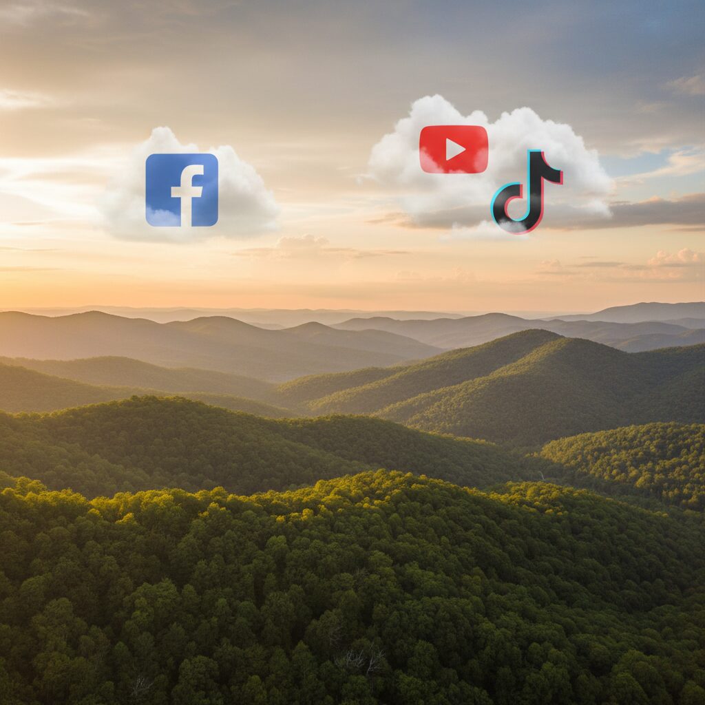 A scenic landscape of West Virginia mountains at sunset with digital social media icons softly overlaid in the sky.