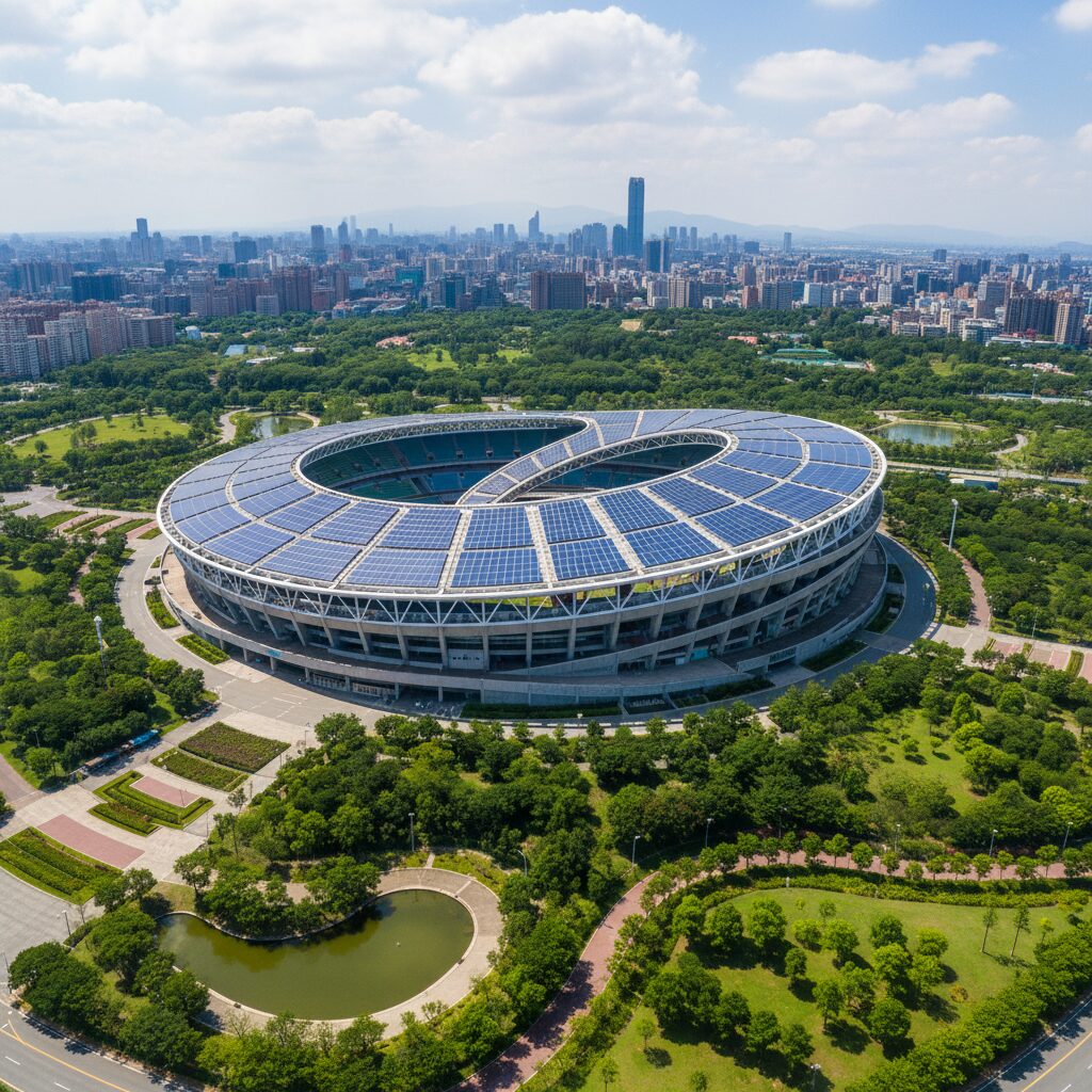 Kaohsiung National Stadium showing its dragon-like spiral roof with solar panels under a clear blue sky.