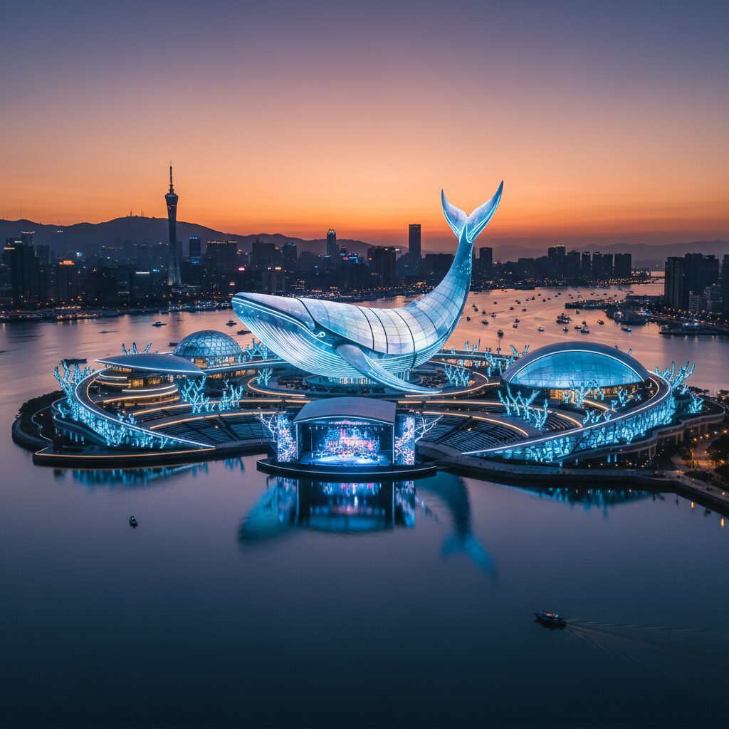 夜にライトアップされた近未来的な高雄流行音樂中心の外観