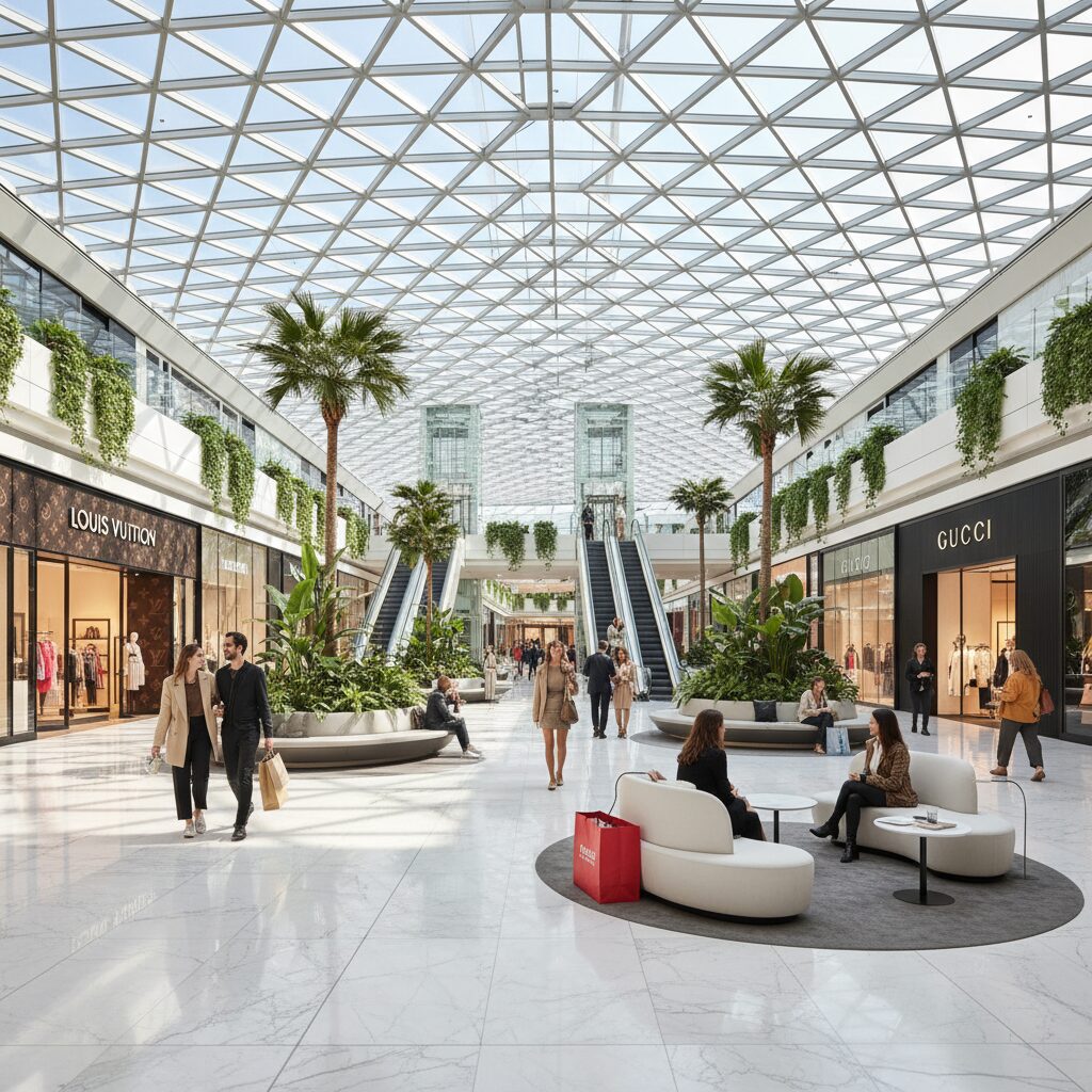 Modern and bright interior of a Westfield shopping center with a grand glass roof and luxury shops.