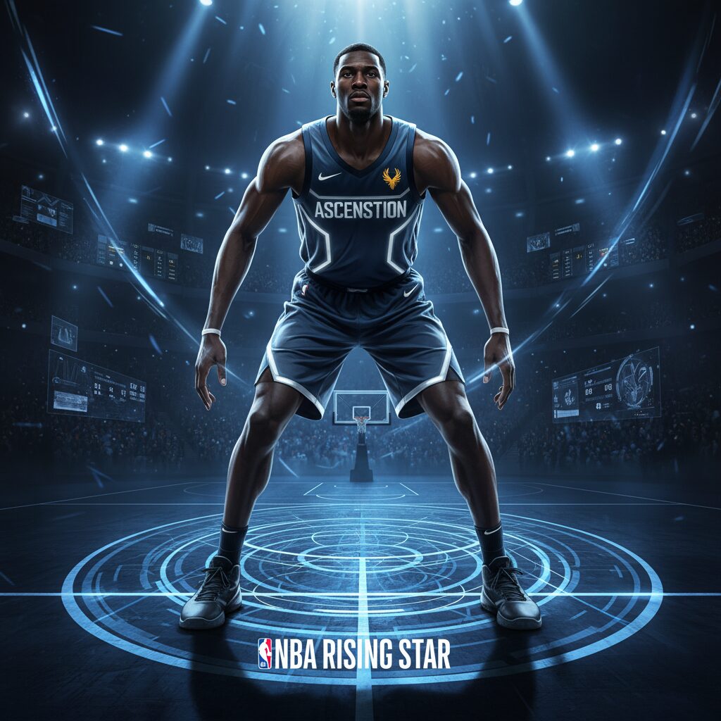 NBAドラフト2025年1位候補のクーパー・フラッグ選手をイメージした、未来のスター性を感じさせるバスケットボールのイメージ画像