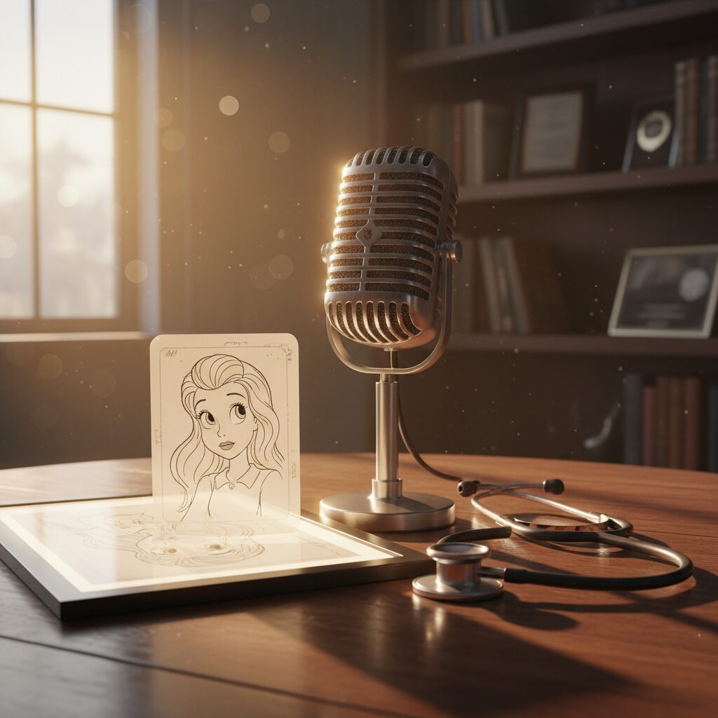 マイク、アニメのセル画、聴診器が静かに置かれた机の風景。林原めぐみの多才なキャリアを象徴するイメージ。