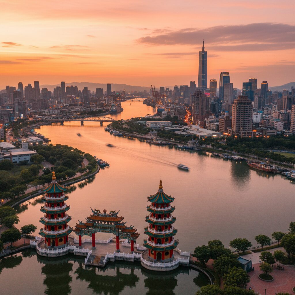 A beautiful evening view of Kaohsiung harbor with modern architecture, the Love River, and the colorful Dragon and Tiger Pagodas in the distance.