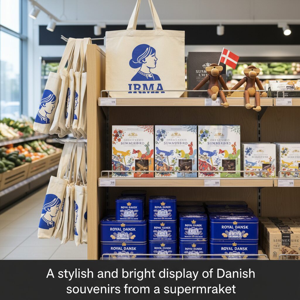 Danish supermarket interior with Irma girl bags, colorful chocolates, and Nordic design wooden figures.