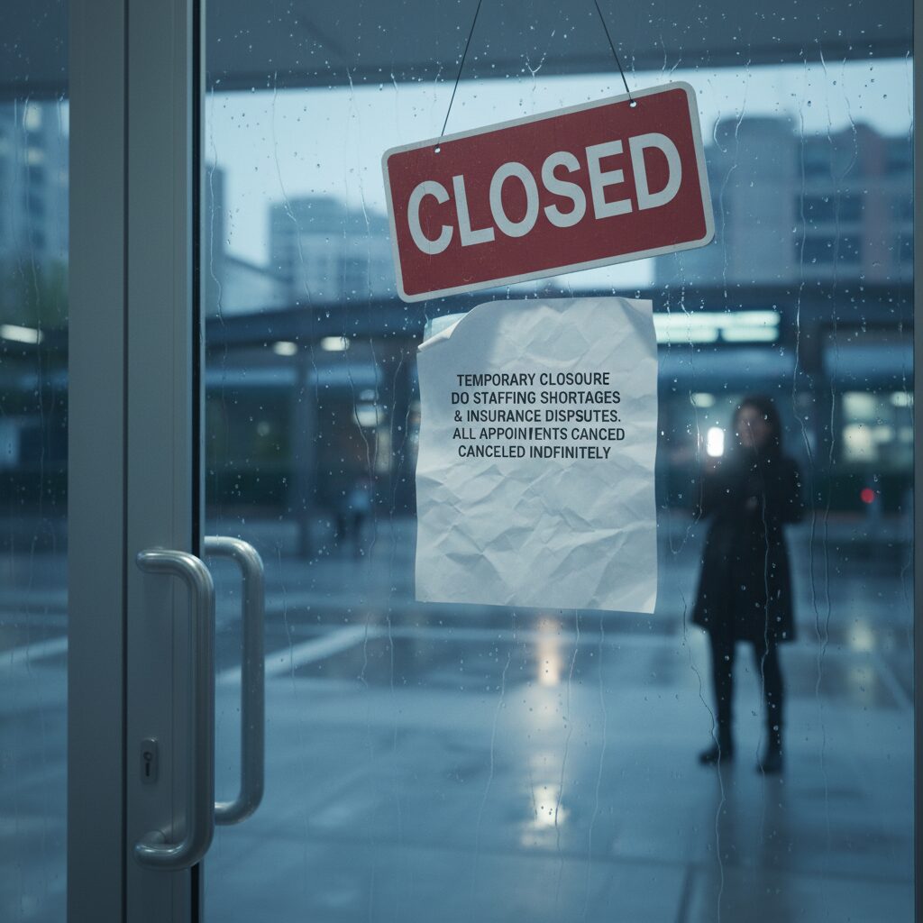 突然の閉院を知らせる貼り紙がされたモダンな眼科クリニックの入口。不安を抱える患者の様子。