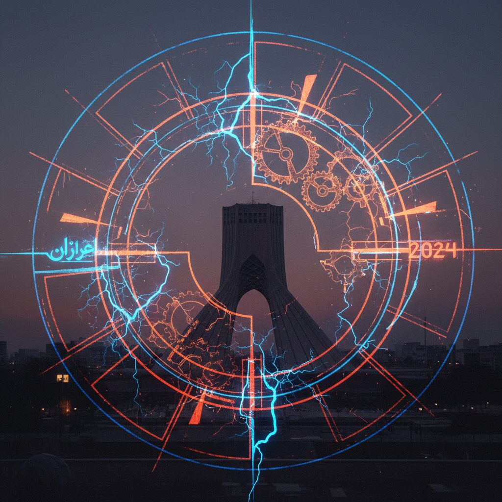 夕暮れ時のテヘラン市内とアザディ・タワーを模したシルエットが象徴するイランの情勢。緊張感のある劇的な空模様。