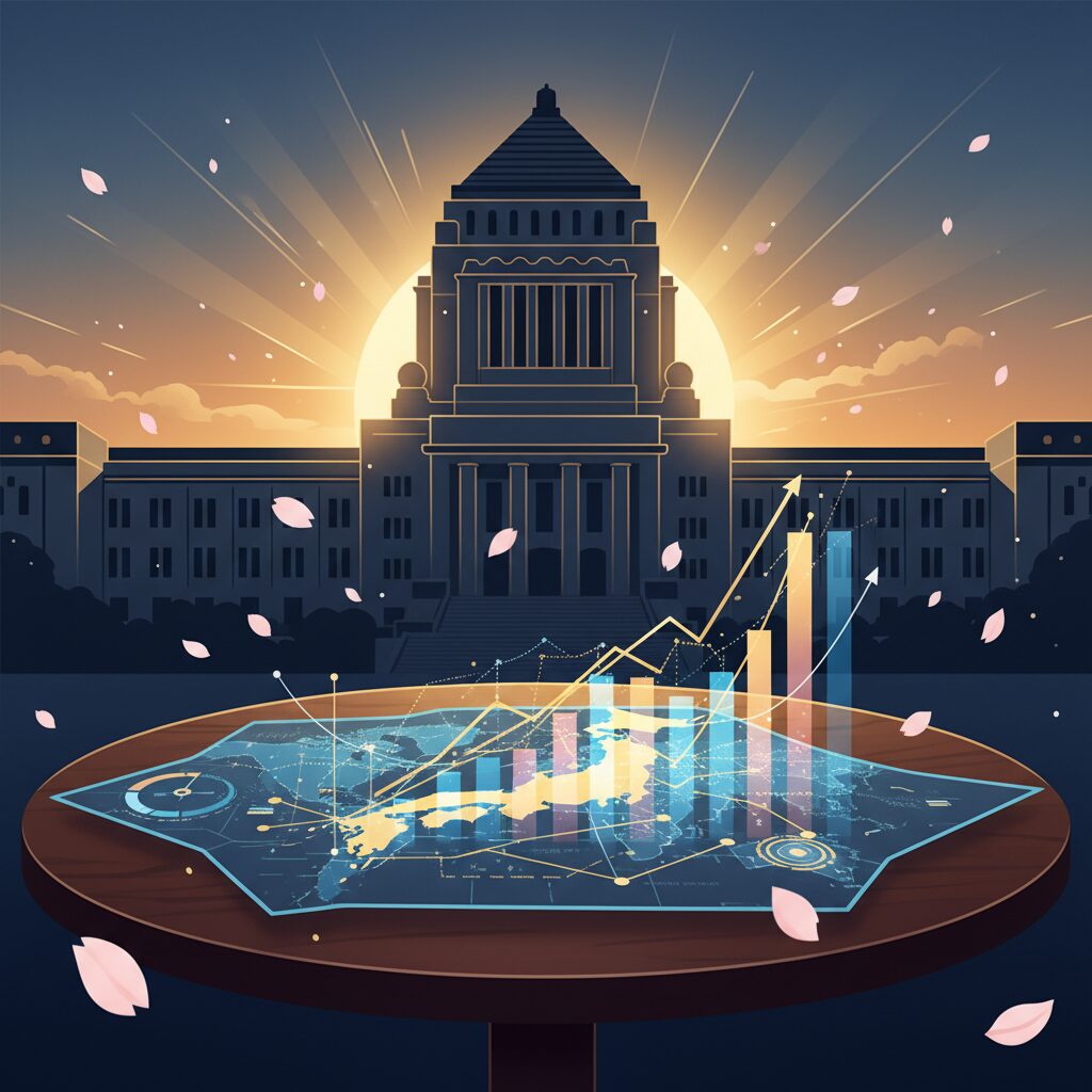 高市早苗首相の衆議院解散検討を象徴する、日本政治の戦略と活気をイメージしたデザイン