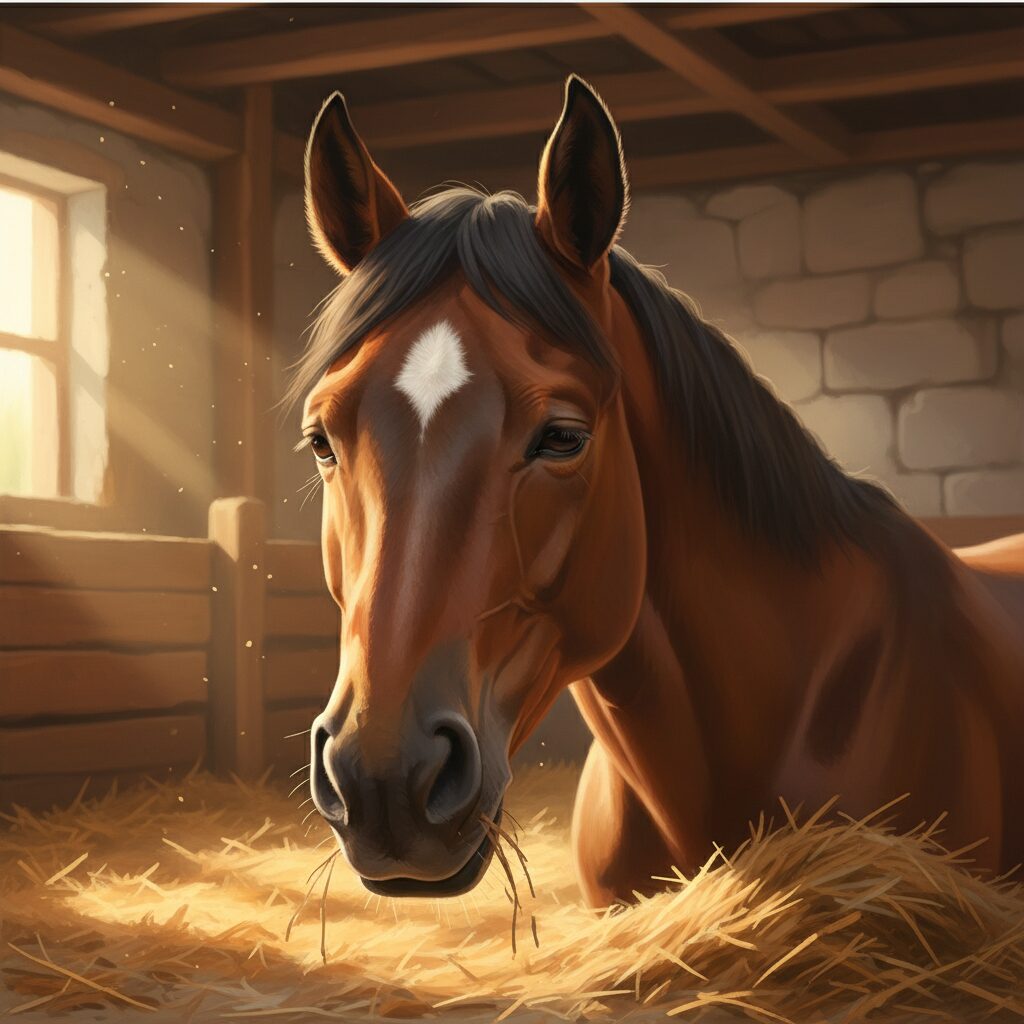 眠たそうな表情をした競走馬が厩舎でリラックスしている温かみのあるイラスト