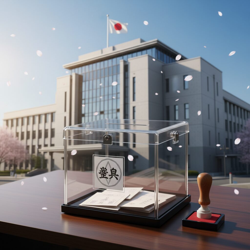 前橋市長選挙を象徴する投票箱と清潔感のある市役所のイメージ画像
