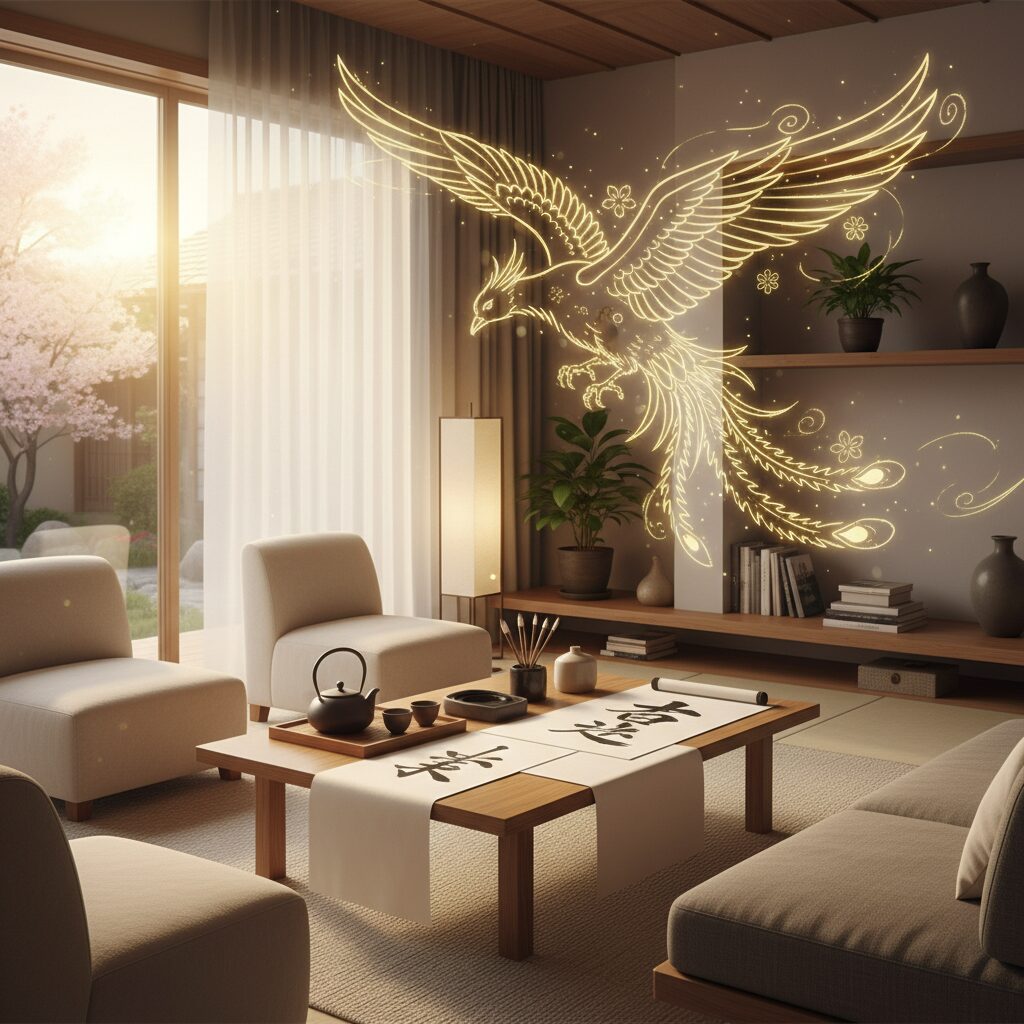 優雅な雰囲気のティーセットと書道の道具が置かれた、明るい光が差し込む日本のモダンなリビングルームの風景