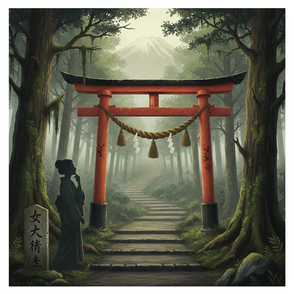 女人禁制の山と結界の門を描いた神秘的なイラスト