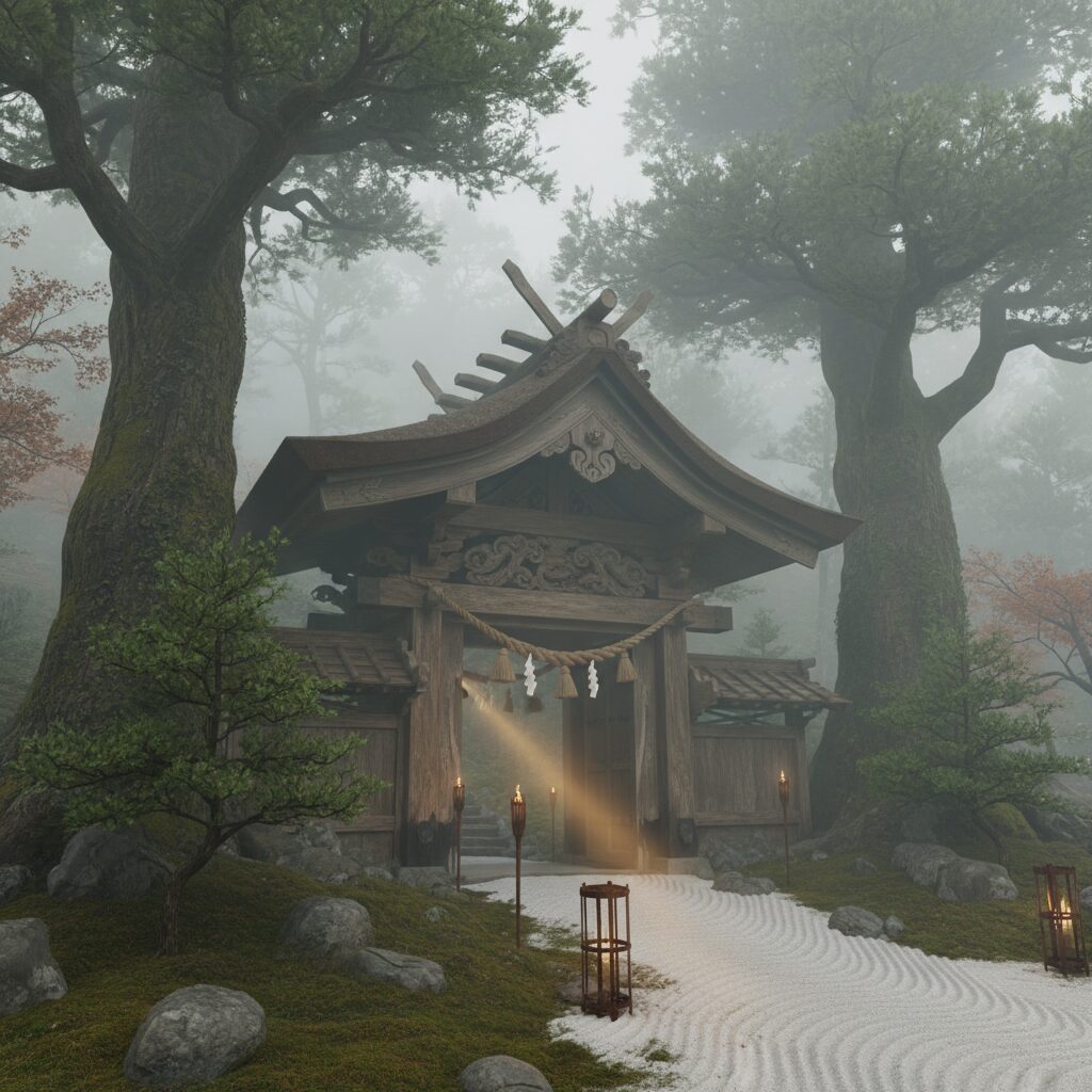 霧に包まれた日本の霊峰と、伝統的な結界門の風景。女人禁制の象徴的なイメージ。