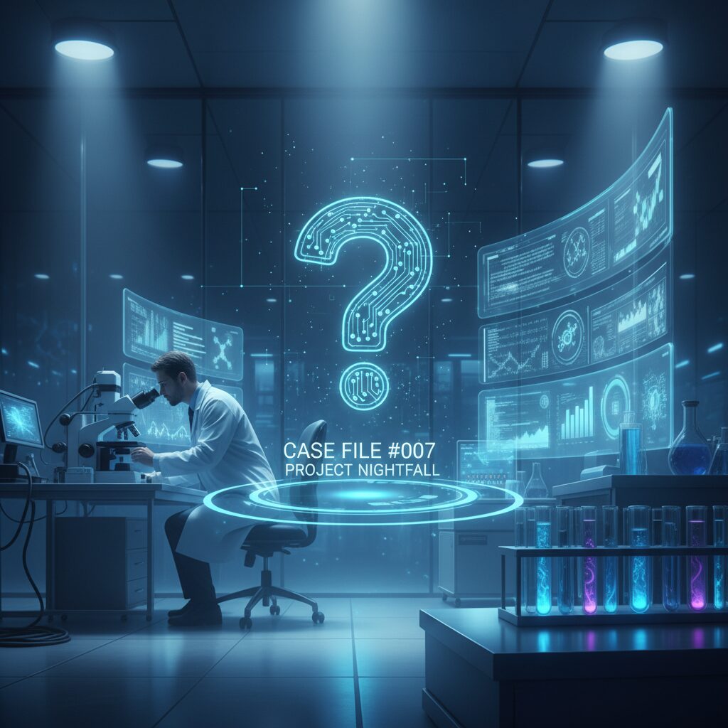 科学捜査研究所をイメージした、顕微鏡やデジタルモニターが並ぶモダンなラボの風景。