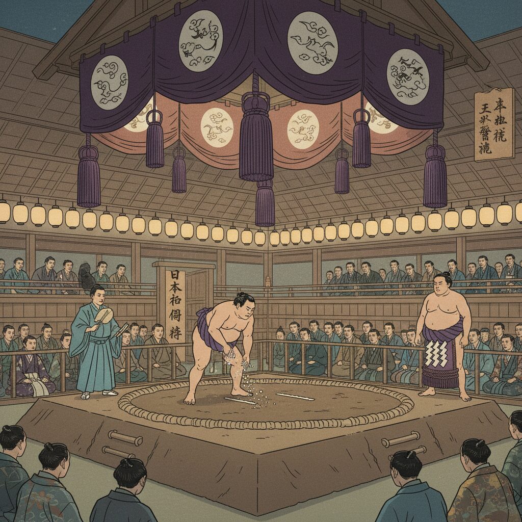 伝統的な土俵と煌びやかな化粧まわしが映える大相撲の風景