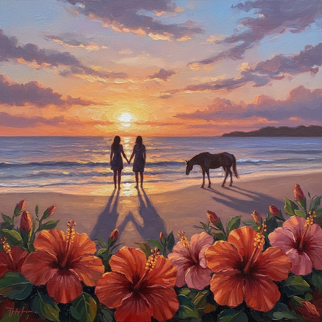 ハワイの美しい夕暮れの風景と、絆を象徴する手を取り合うシルエット、そして穏やかな馬の姿を描いたアイキャッチ画像