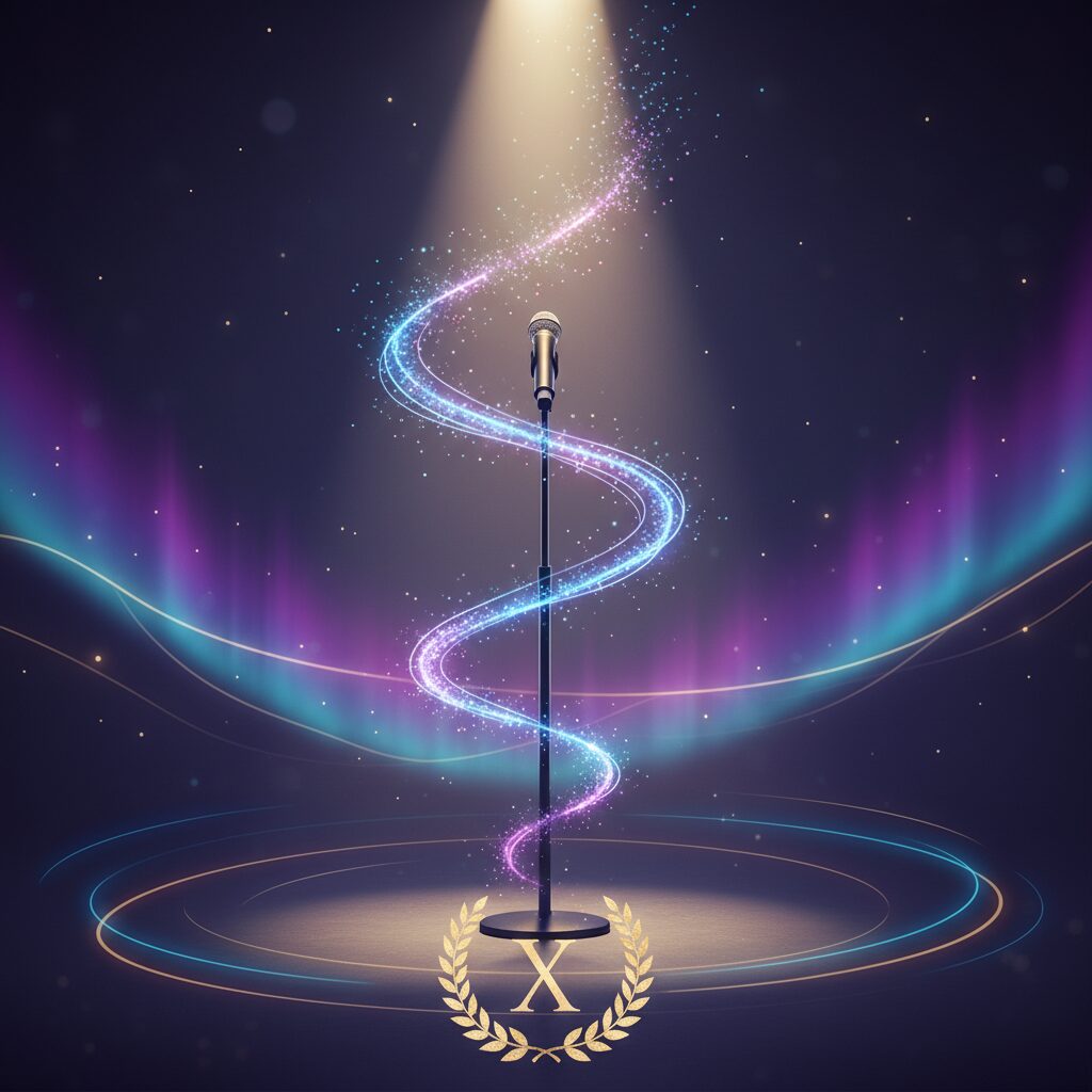 スポットライトが当たるステージとマイクスタンドの象徴的なイメージ