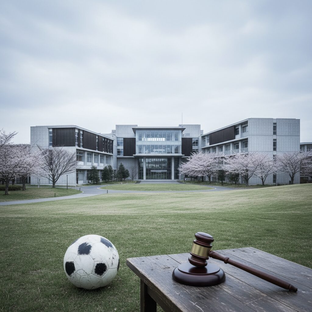 奈良育英高校の校舎と事件を巡る社会的な議論を象徴するイメージ画像