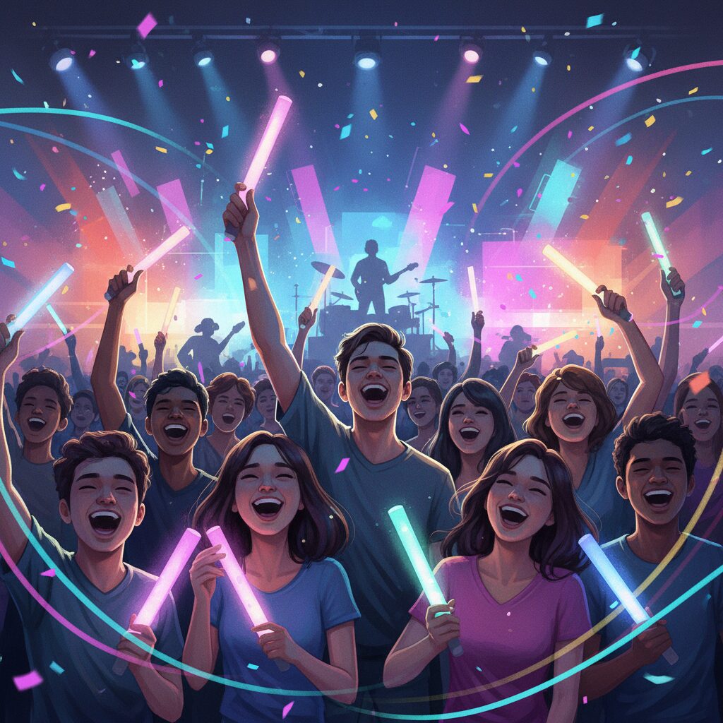 多様なファンが集まり、ペンライトを掲げて一体となっているライブ会場のイメージ図