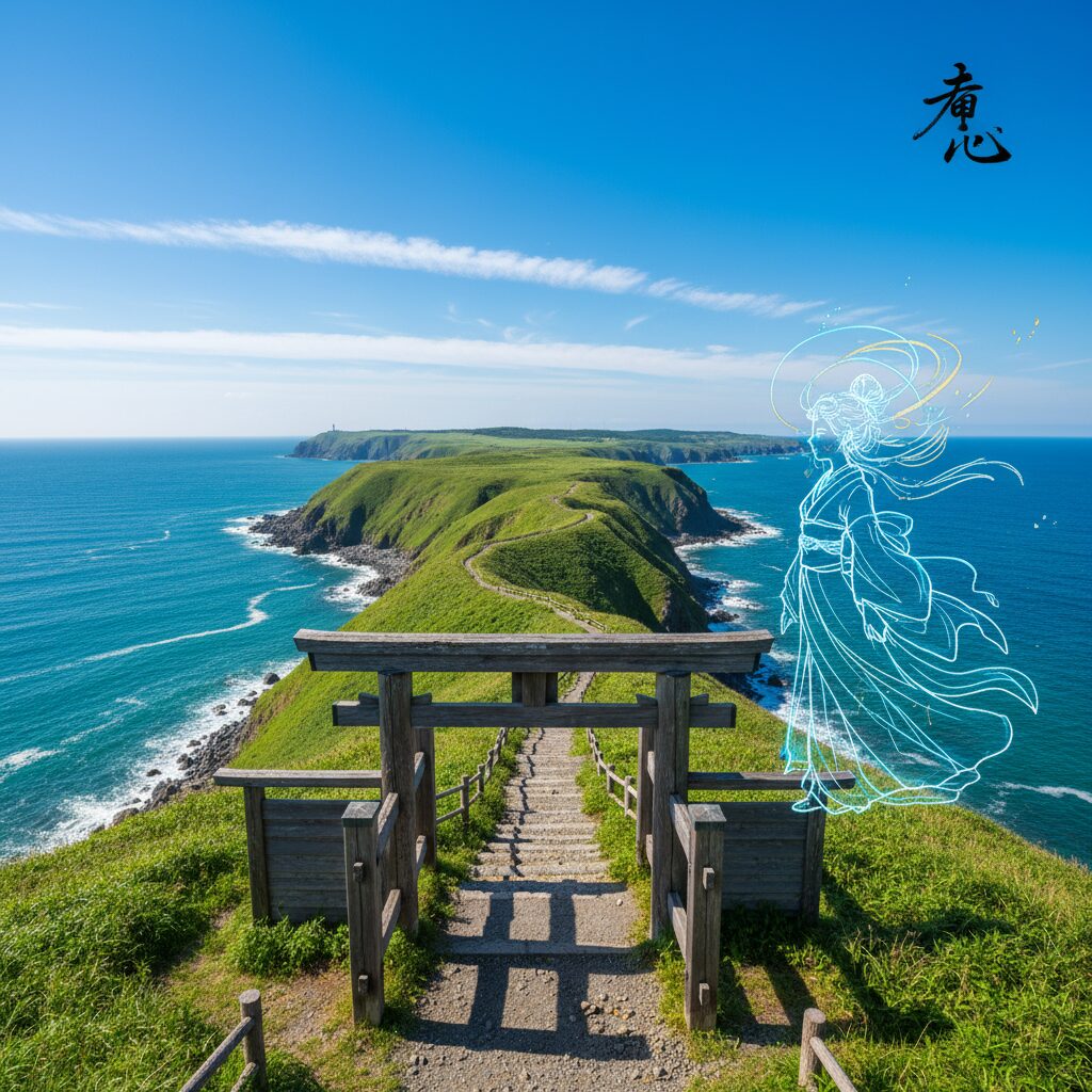 A scenic view of the Gate of Restriction for Women at Cape Kamui in Shakotan, Hokkaido, with the vibrant Shakotan Blue ocean in the background under a clear sky.
