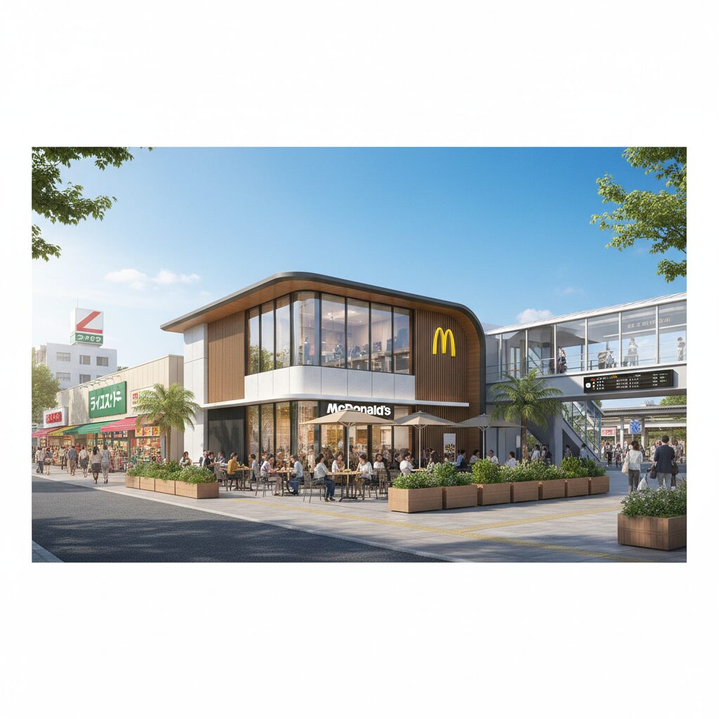 マクドナルド花小金井駅前店の外観イメージ。駅前の活気ある雰囲気と明るい店舗のデザイン。