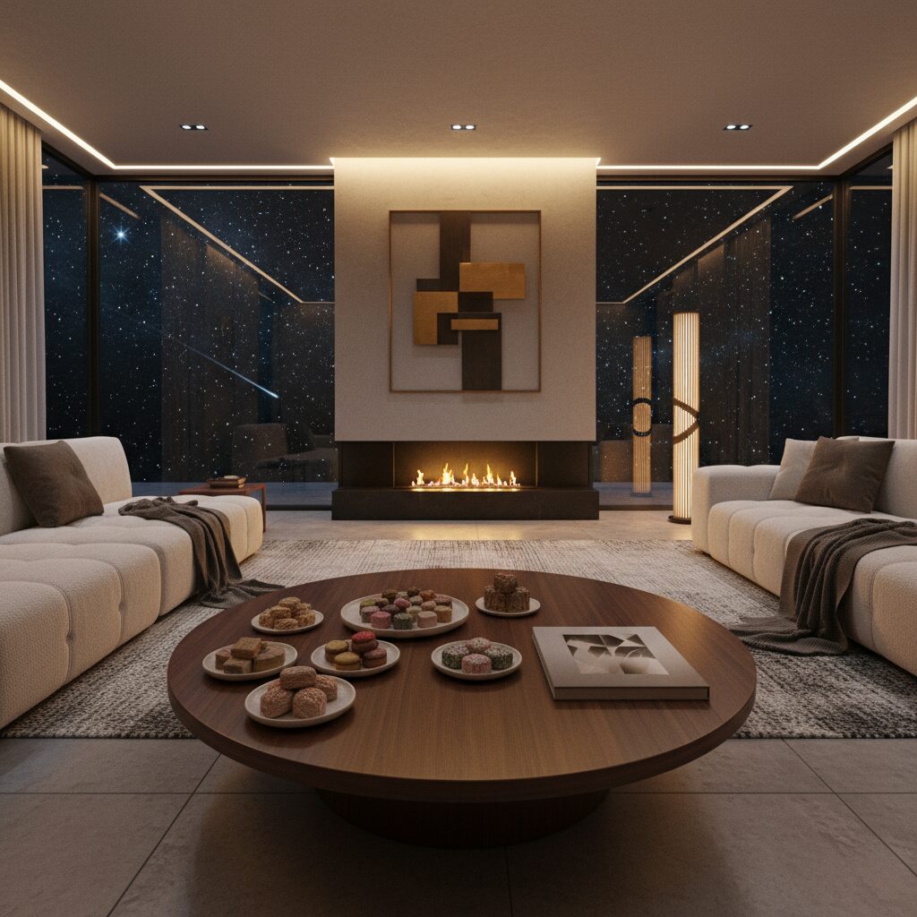 宇宙marry meを象徴する豪華な一戸建てと伝統的な和菓子が置かれた温かい部屋のイメージ