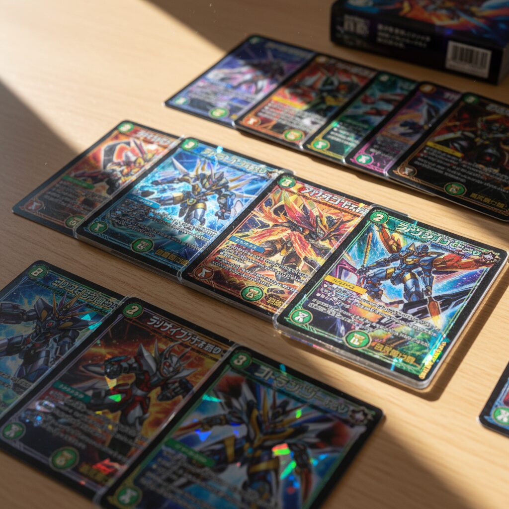 日本のレアなトレーディングカードとSNS風アクリルカードが並んだコレクターズアイテムのイメージ