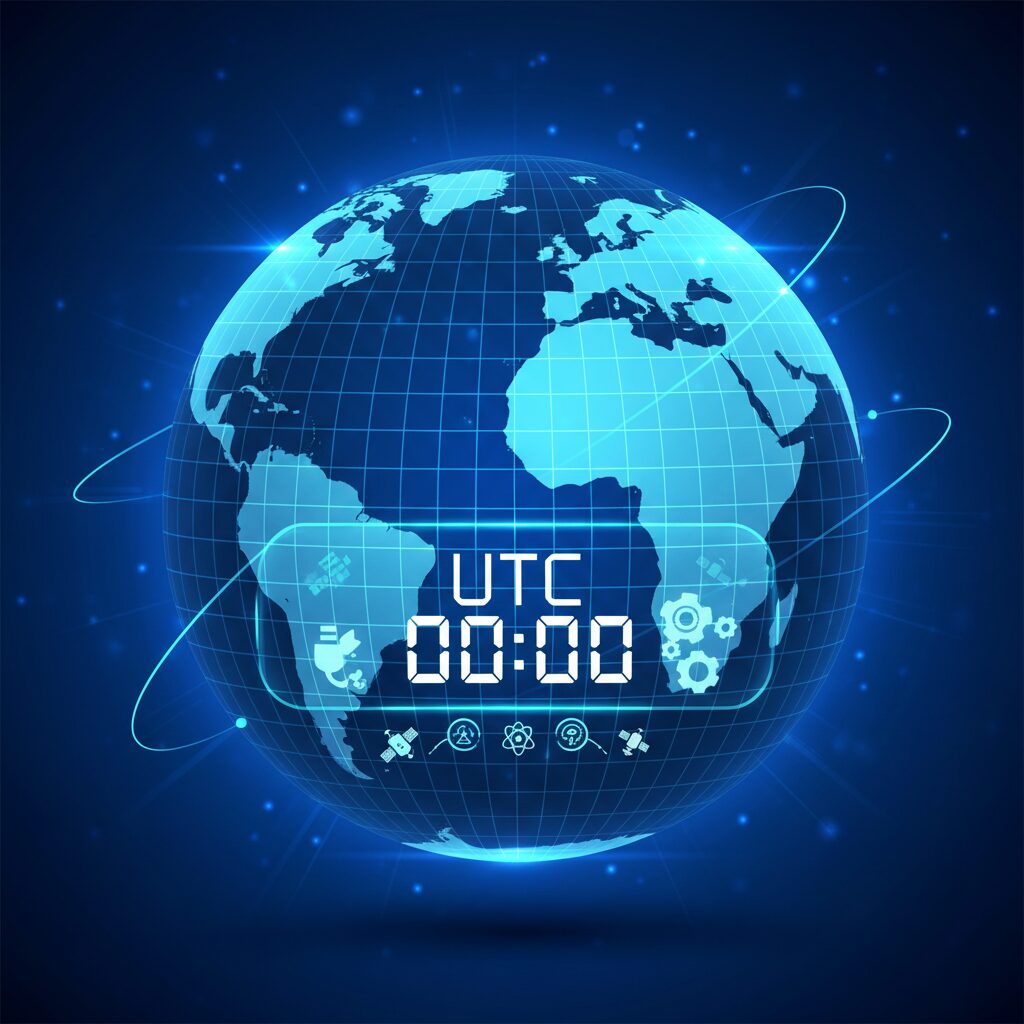 UTC（協定世界時）を象徴する地球とデジタル時計のイメージグラフィック