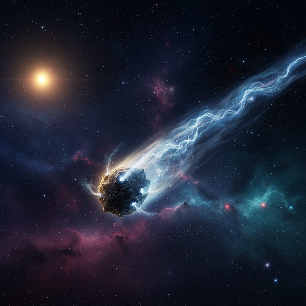 宇宙空間を移動する青い尾を持った恒星間彗星3I/ATLASのイメージ画像。複数のガスジェットが噴出している様子。