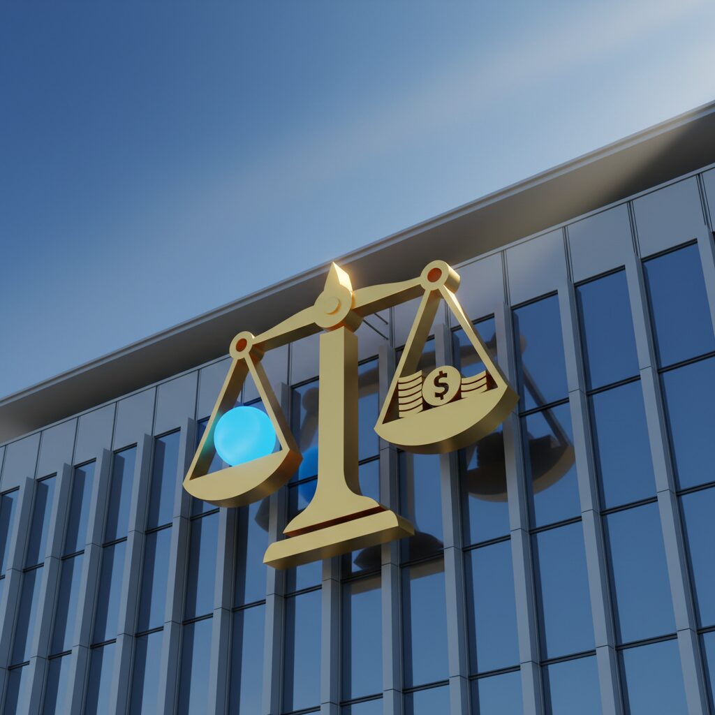 横浜市役所の庁舎と天秤のイラスト。公務員の報酬と職務の責任のバランスを象徴するイメージ画像。