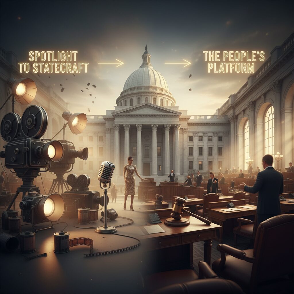 グラビアアイドルから政治家へと転身したキャリアの変遷を象徴する、華やかなカメラと重厚な議事堂のイメージ図