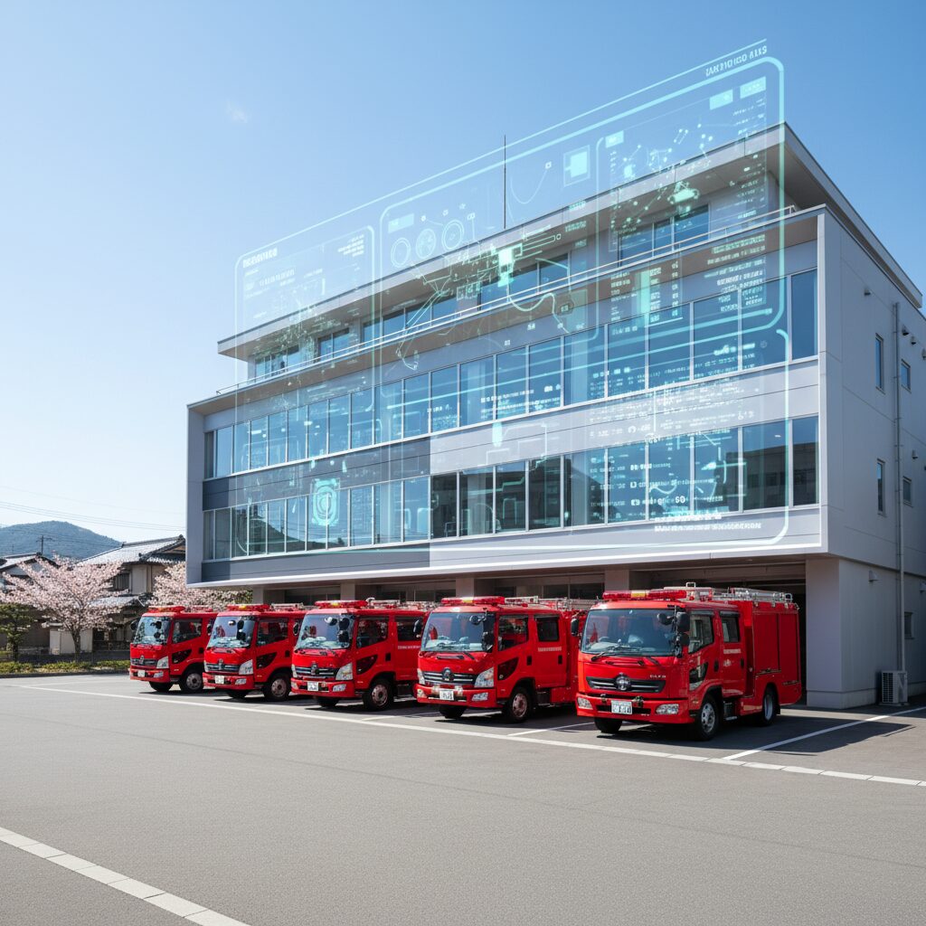 富山県東部消防組合の消防署と消防車両の風景