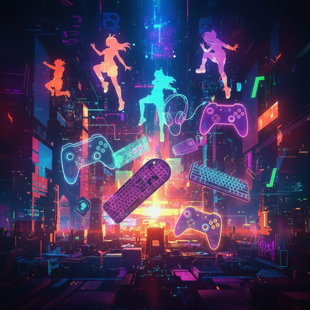 デジタルな世界観とアニメキャラクターが混ざり合う、コンパイルハートのゲームを象徴するイメージ画像