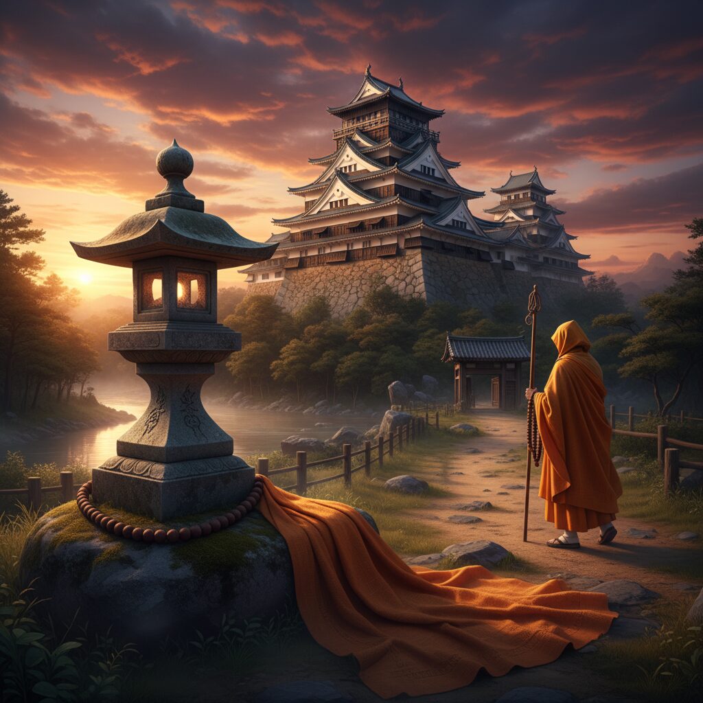 日本の戦国時代の城跡と歴史を感じさせる夕景のイメージ