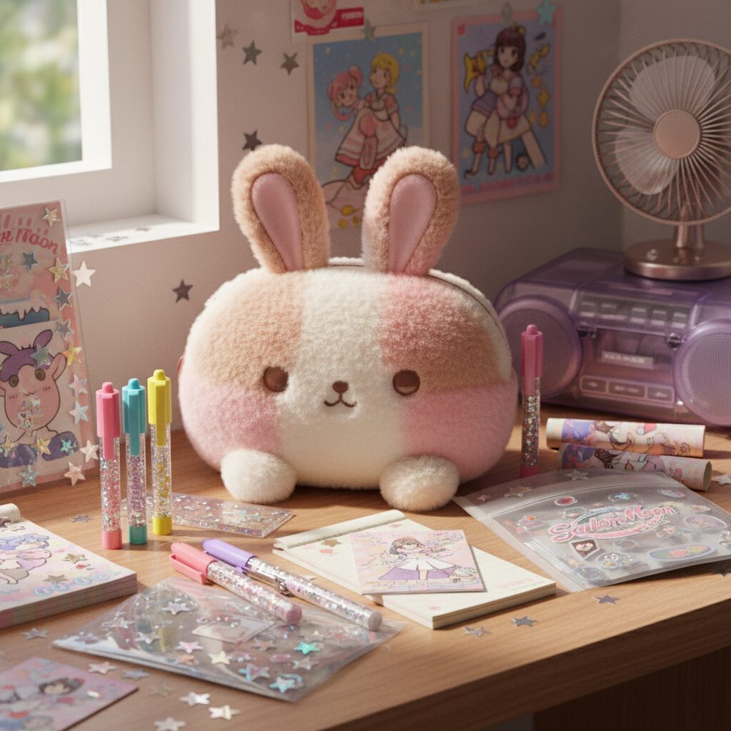 パステルカラーの背景に置かれた、ふわふわしたシュガーバニーズのぬいぐるみ筆箱と可愛らしい文房具のイメージ