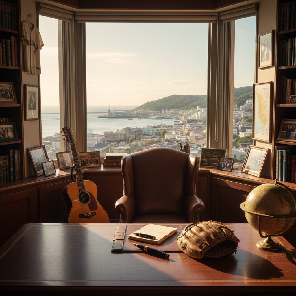 A grand office with a view of a coastal city, featuring a guitar and a baseball glove on a desk representing family bonds.