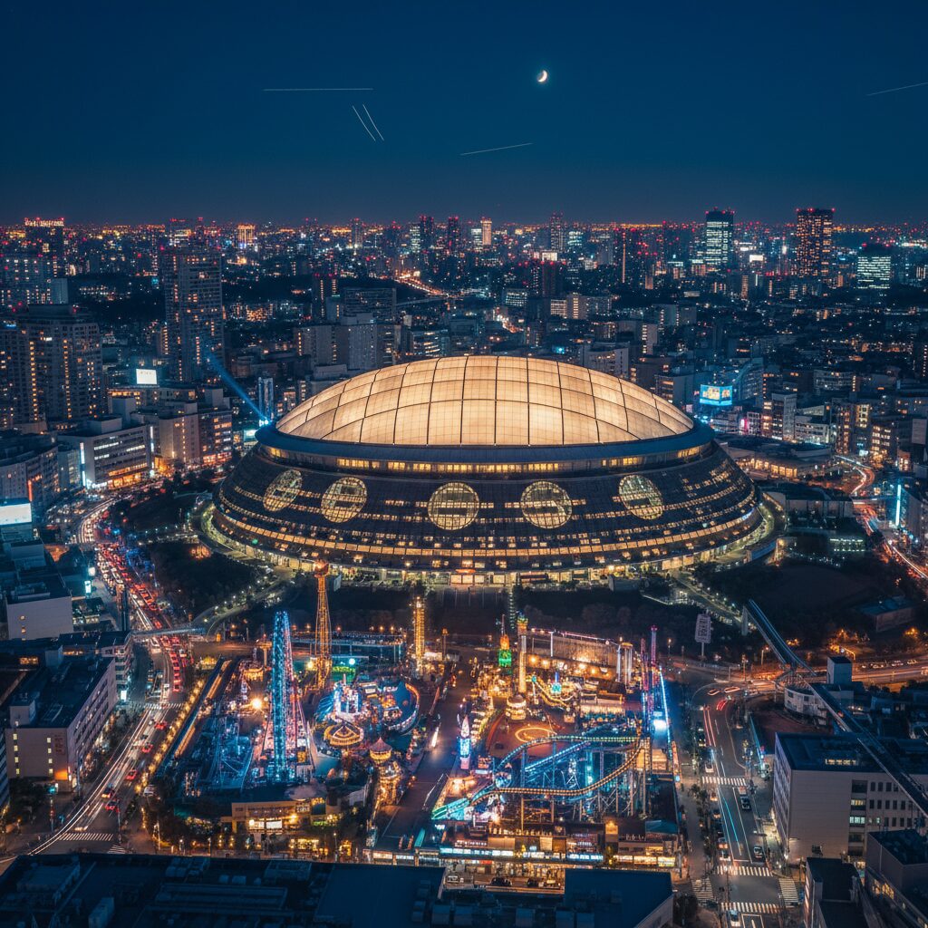夜にライトアップされた巨大な東京ドームの外観空撮写真