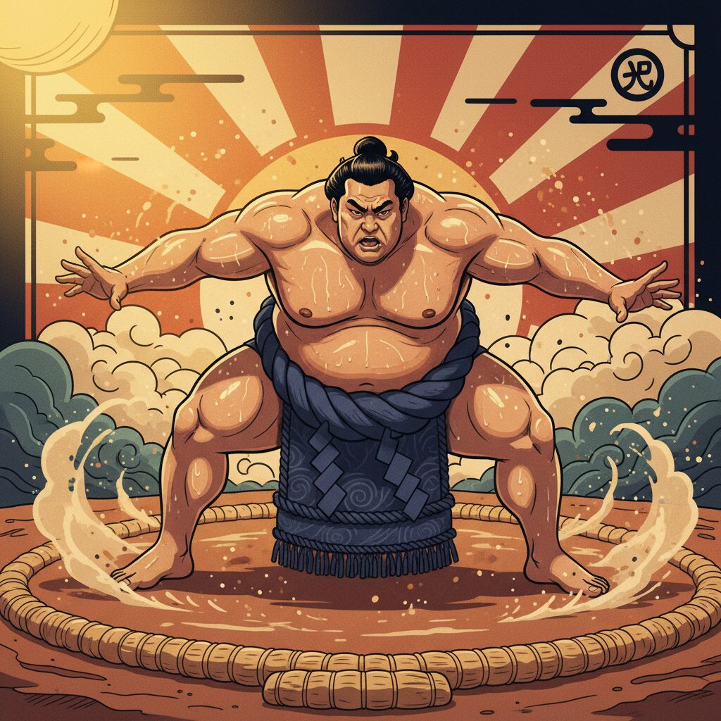 土俵上で力強く構える力士のダイナミックなイラスト