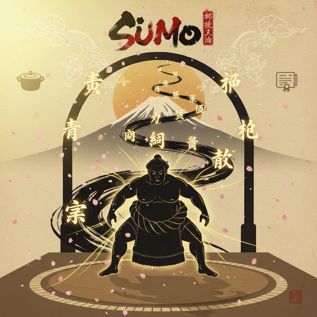 相撲の土俵を背景に、若元春関の多才さを象徴する料理やプロレス、学問の要素が調和した和風のグラフィックデザイン
