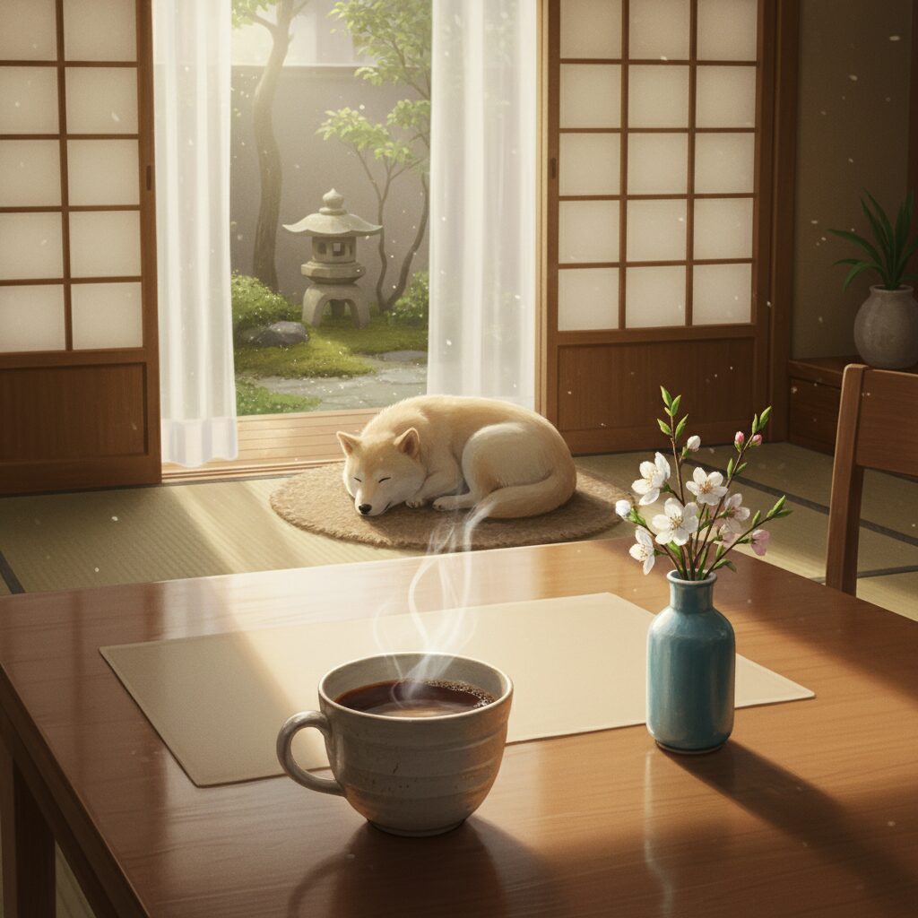 朝の光が差し込むテーブルの上に置かれたコーヒーカップと、新聞が届いていない静かな空間のイメージ