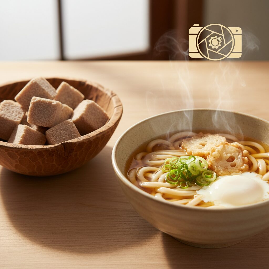 砂糖、うどん、ITツールの要素が組み合わさったクリーンなイメージ画像