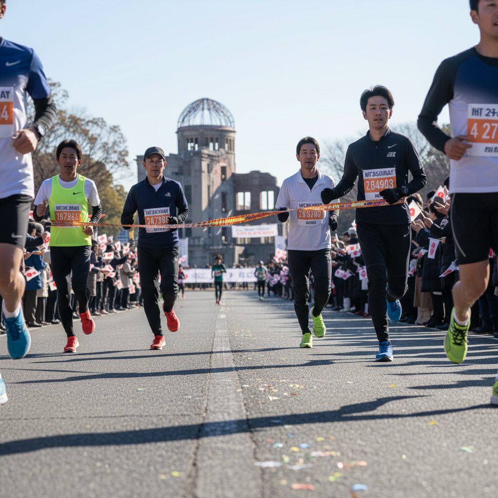 広島平和記念公園前を走る駅伝ランナーたちと沿道の応援風景