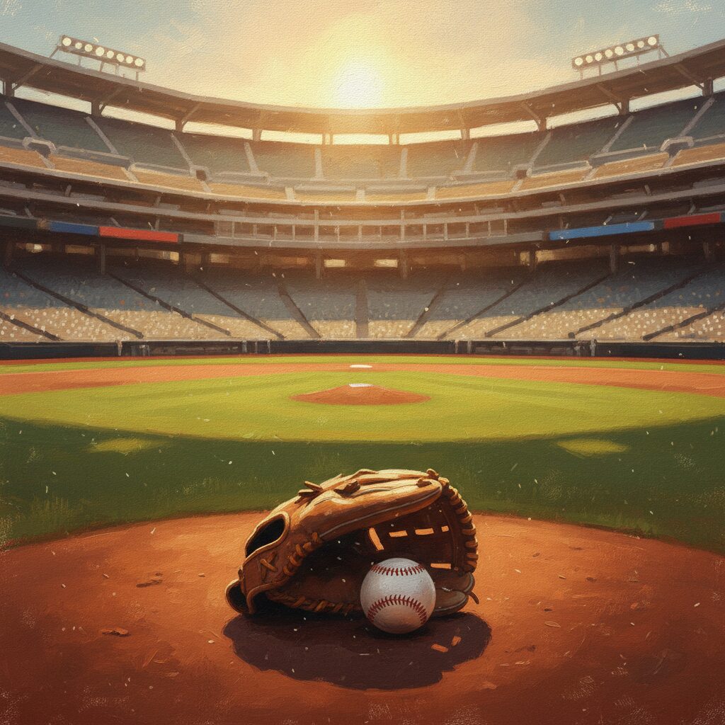 A peaceful view of a baseball field at sunset with a glove and ball resting on the grass, symbolizing the retirement of a professional athlete.