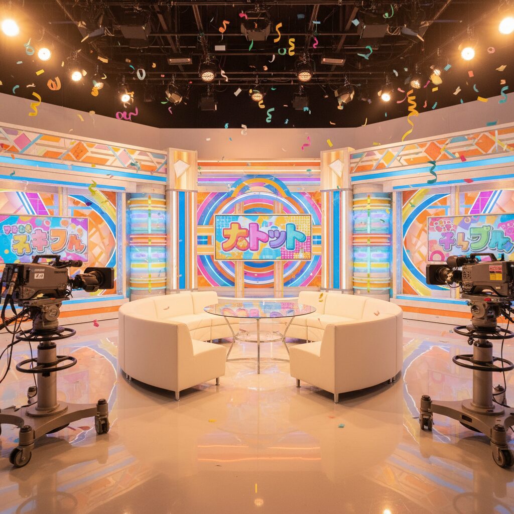 明るくモダンなテレビ番組のスタジオセット、カメラと照明が並ぶ華やかな雰囲気