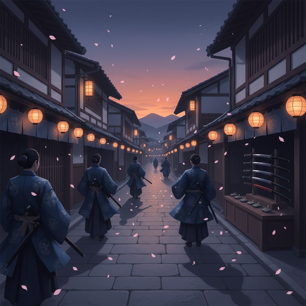 夕暮れの京都の街並みと舞い散る桜、そして武士の魂を象徴する刀のイメージ