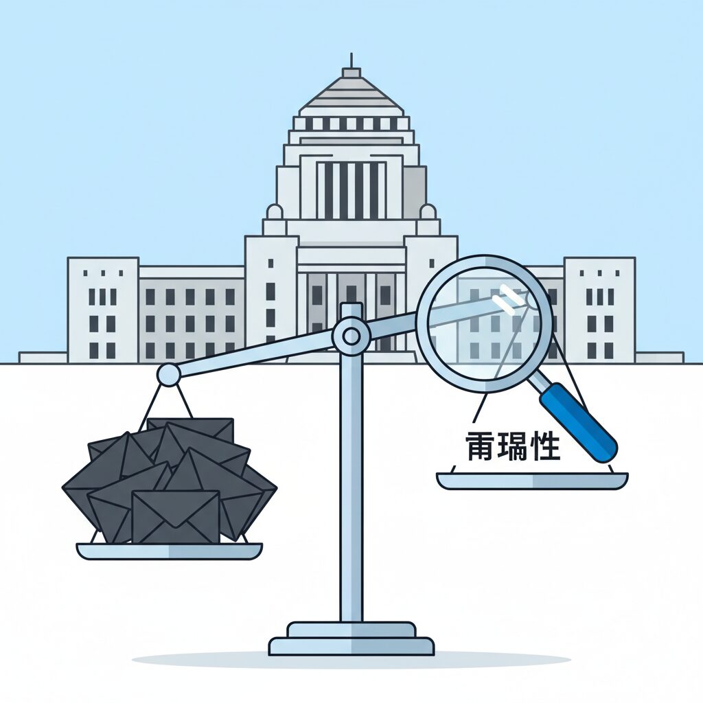 Japanese Diet building and a scale of justice representing political funds transparency