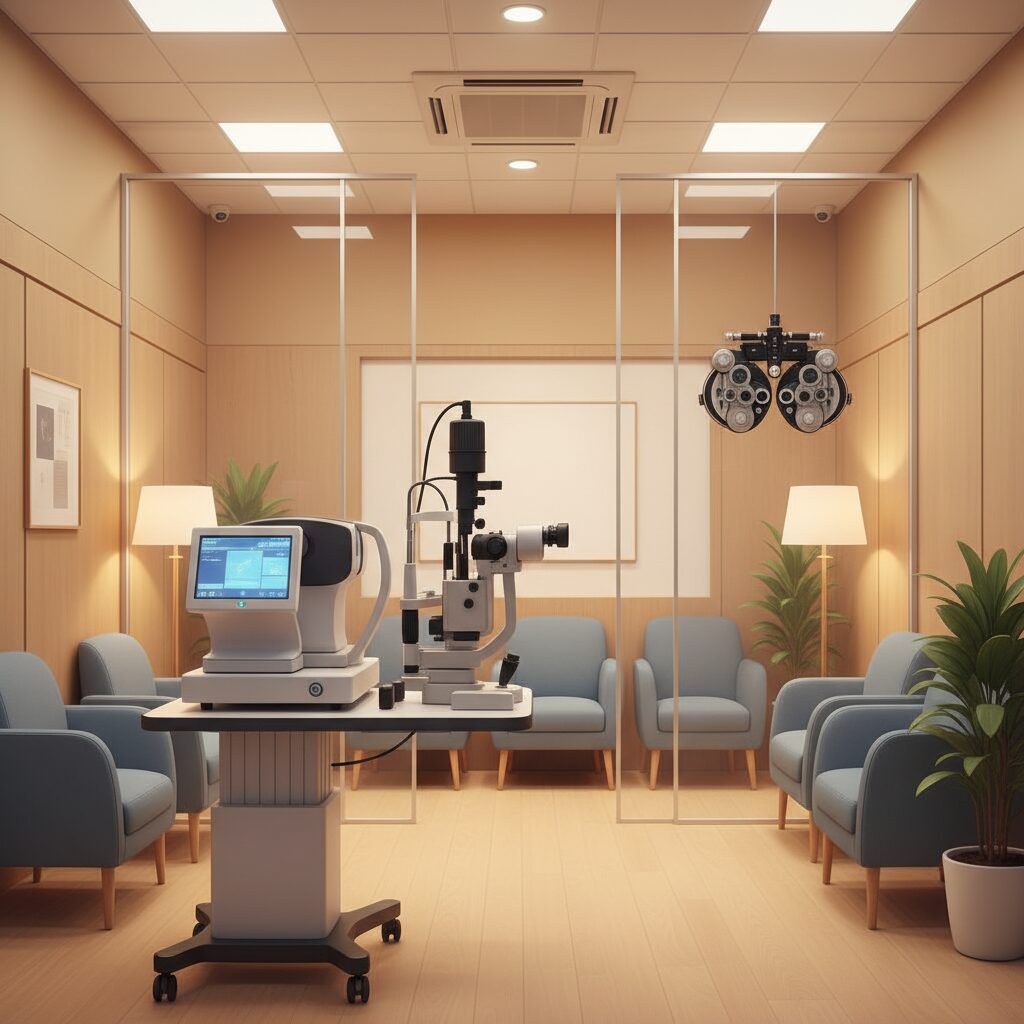 横浜市港北区の大倉山駅近くにある笹野眼科の清潔な待合室と専門的な医療機器のイメージ