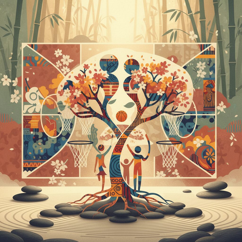 NBAスター八村塁選手と、彼のアイデンティティを象徴するアフリカと日本の融合をイメージした抽象的なアート